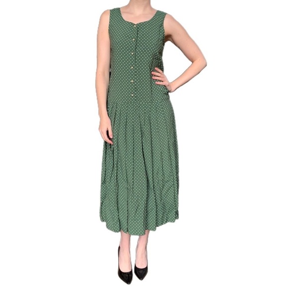 Vintage Dresses & Skirts - Vintage 90s San Francisco Polka Dot Button Front Drop Waist Midi Dress